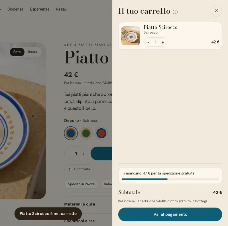 Carrello di Store Salento con la barra che indica quanto manca alla spedizione gratuita