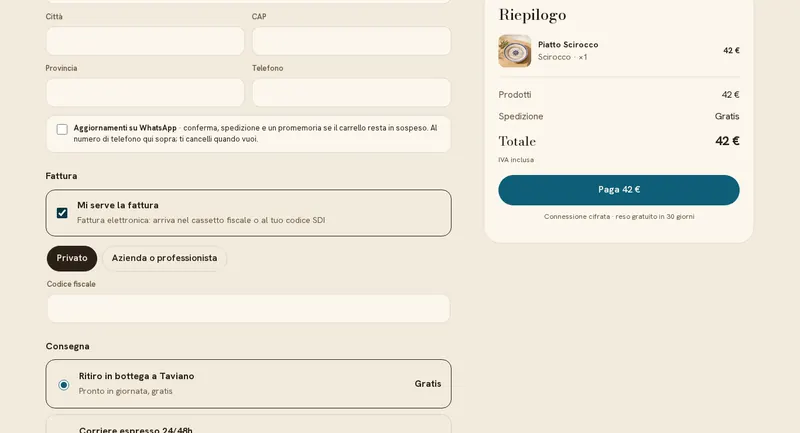 Checkout di Store Salento con l'opzione Mi serve la fattura per privati e aziende