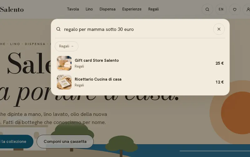 Ricerca di Store Salento che mostra gift card e ricettario per la richiesta regalo per mamma sotto 30 euro