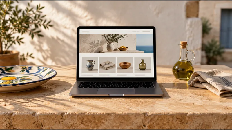 Laptop su un bancone in pietra leccese con un negozio online di ceramiche, lino e olio: la demo Store Salento