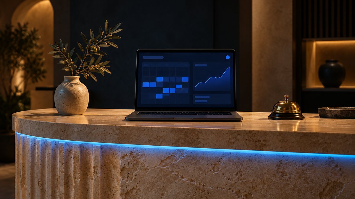 Reception di una struttura ricettiva in pietra leccese con laptop e prenotazioni online, Salento